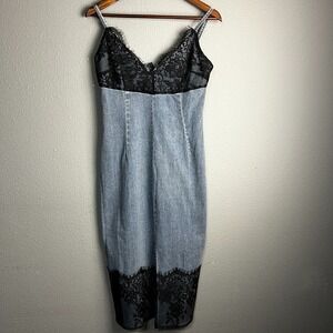 Idem Ditto Western Washed Denim Dress Lace Trim Bodycon Front Slit Romantic Sz S